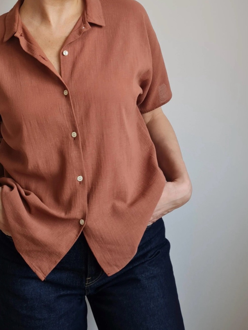 New York & Company Short-Sleeve Button-Down Top in Terracotta